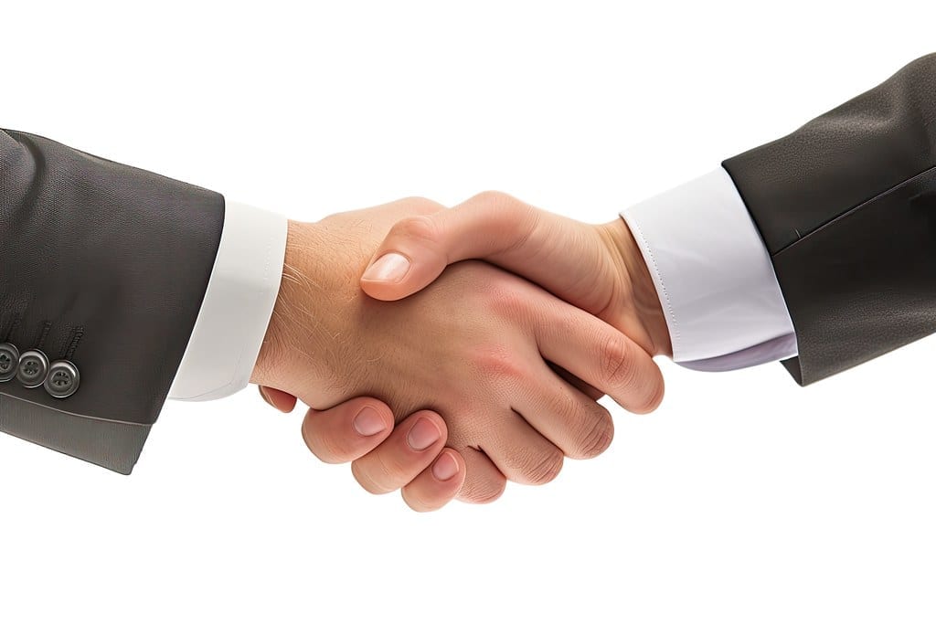 Two business people shaking hands over a signed agreement, representing a franchise investment decision
