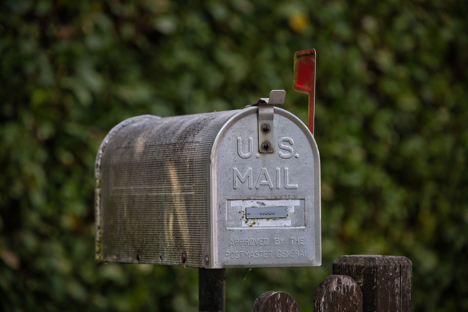 A classic aluminum U.S. mailbox with its red flag raised, against a leafy background